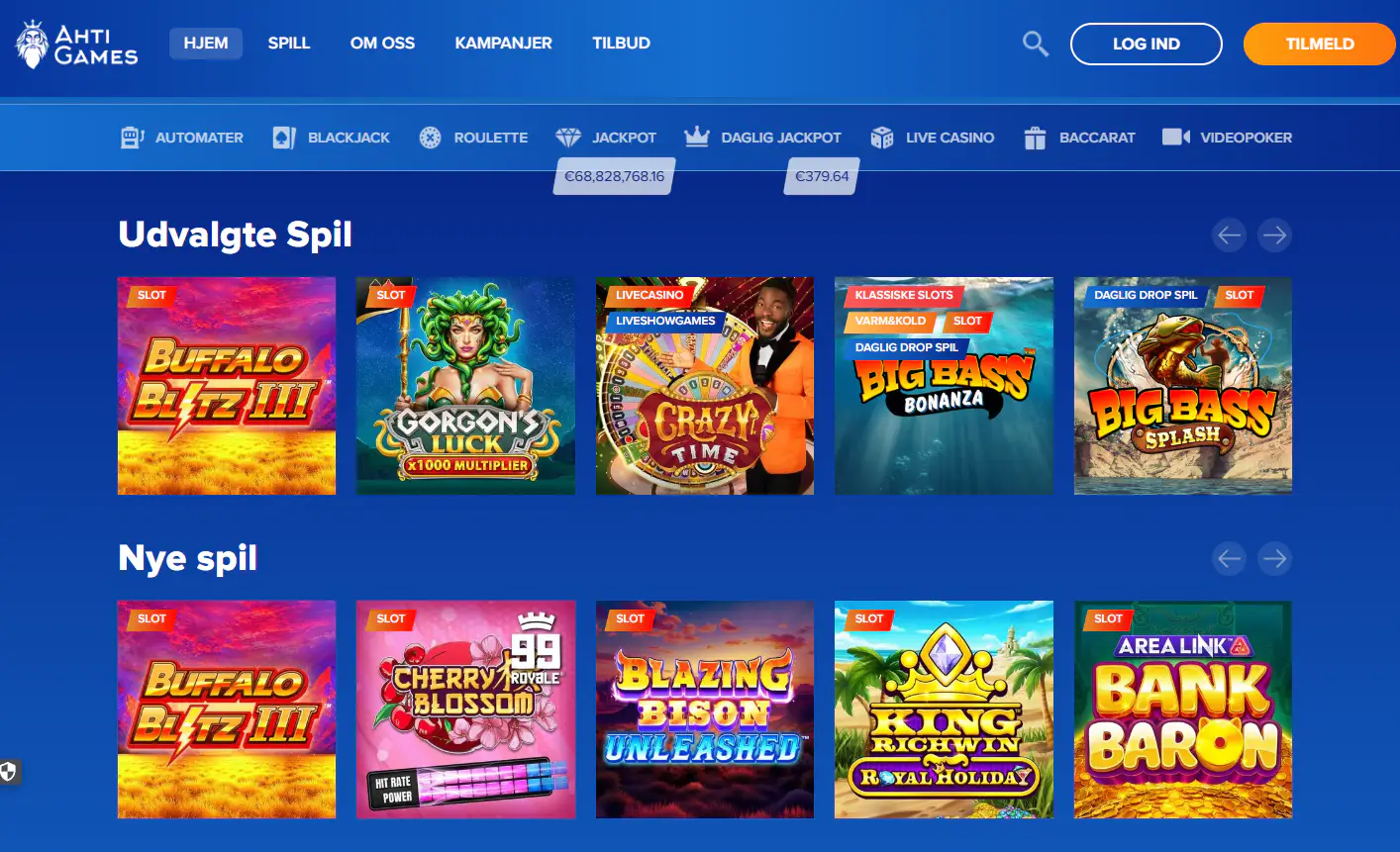 AHTI Games danske forside med mærke og navigation