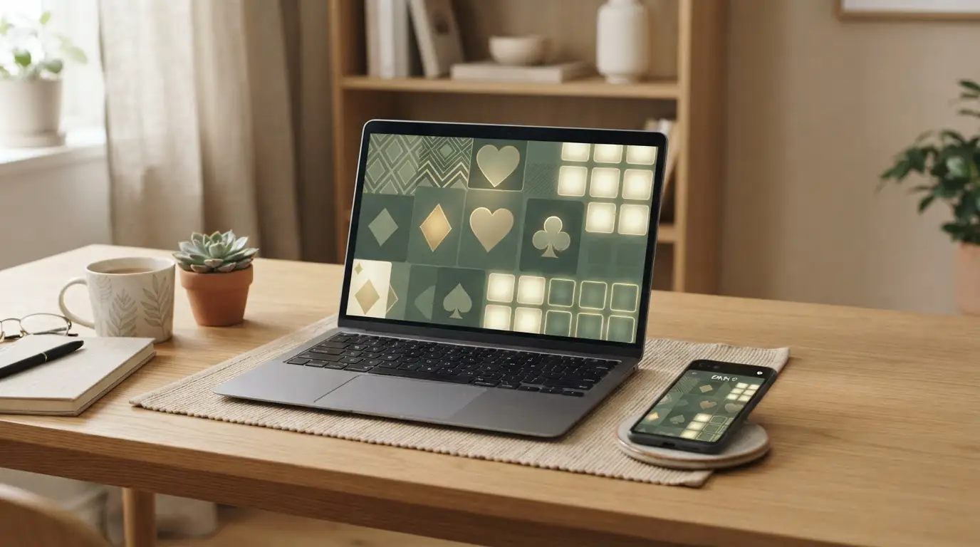 Neutral illustration af onlinecasino på bærbar computer og mobil i dansk kontekst
