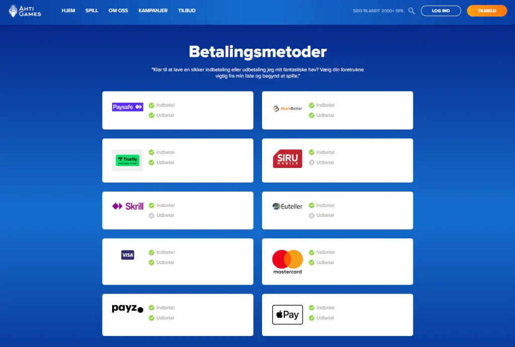 AHTI Games danske betalingsside med indbetalings- og udbetalingsmetoder