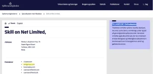 Spillemyndighedens registerpost for Skill On Net Limited og ahtigames.com